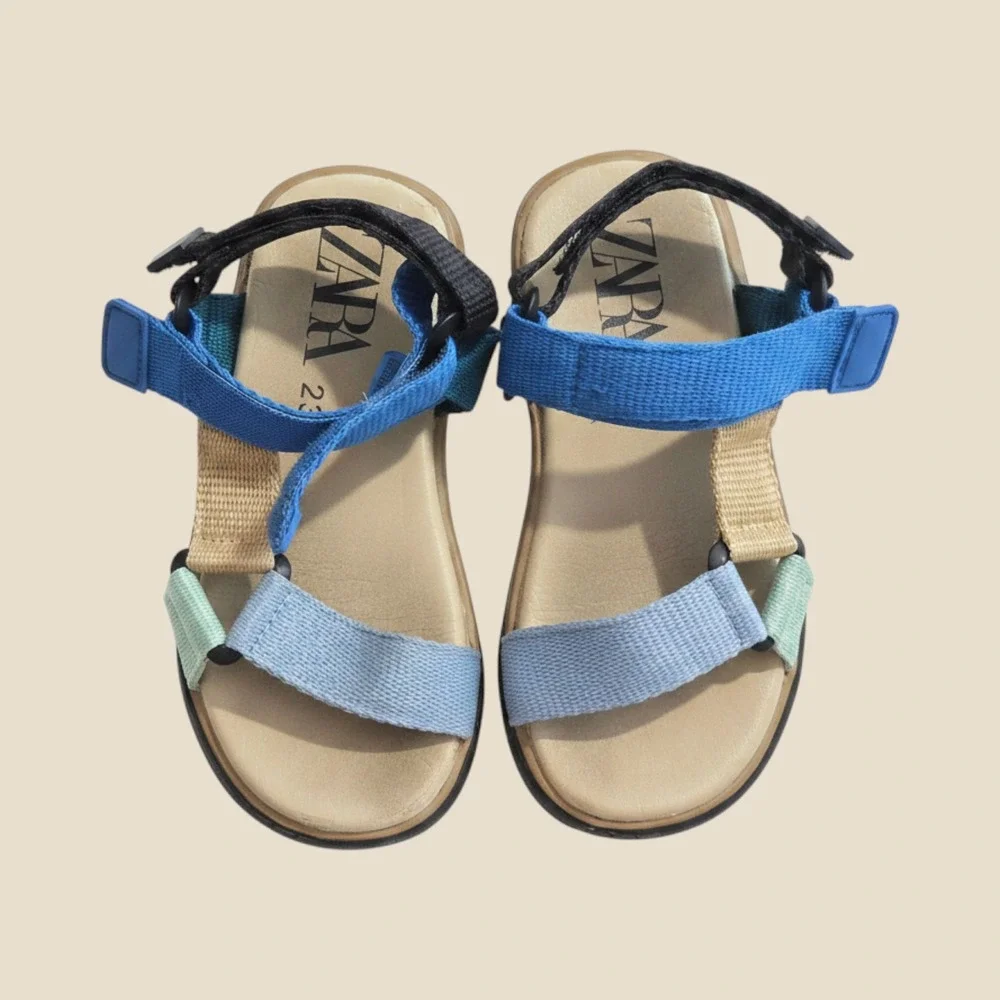 Zara Kids Colorblock Strappy Sport Sandals Blue Tan Size 23 US 7 Toddler
